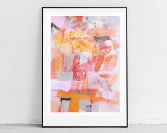 Può includere: Dipinto astratto in una cornice nera con colori rosa, arancio e giallo. Il dipinto ha un aspetto testurizzato ed è incorniciato in una cornice nera.