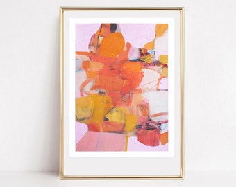 Può includere: Dipinto astratto con sfondo rosa e forme colorate in tonalità di arancione, giallo e rosso.