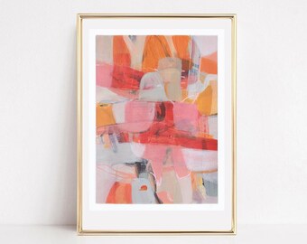 Può includere: Dipinto astratto in una cornice dorata con pennellate rosa, rosse, arancioni e bianche. Il dipinto ha uno stile moderno e contemporaneo.
