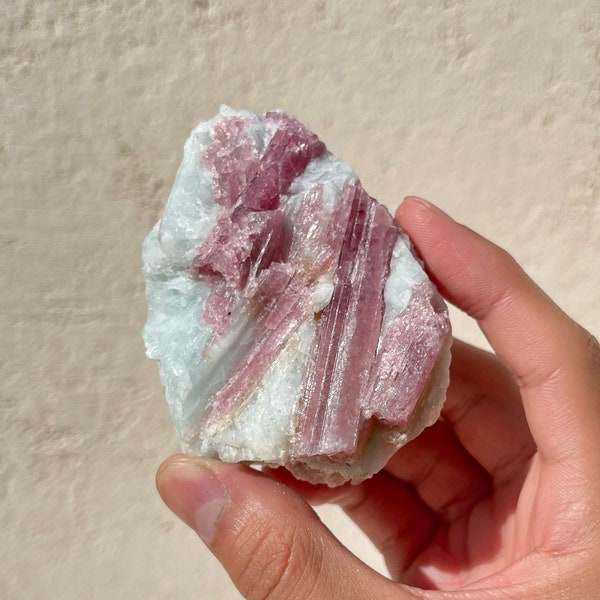 Pink Tourmaline in Albite Quartz Natural Raw Crystal | Rough Tourmaline Rubellite & Aquamarine Matrix Specimen mined in Brazil, High Grade