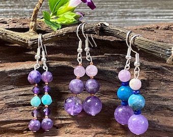 Pendientes de amatista multi piedras preciosas 925 Plata de ley