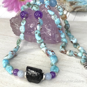 Larimar Amethyst Aquamarine Black Tourmaline Necklace 925 Sterling Silver