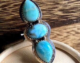 Genuine Natural Larimar Statement Ring 925 Sterling Adjustable Open Design