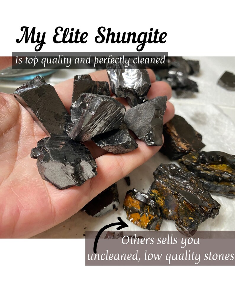 May include: Close-up of a hand holding a pile of black shungite stones. The stones are smooth and polished. The text "My Elite Shungite" and "Is top quality and perfectly cleaned" is visible at the top of the image. The text "Others sells you uncleaned, low quality stones" is visible at the bottom of the image with an arrow pointing to a pile of rough, unpolished shungite stones.