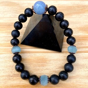 Genuine Shungite Bracelet With Natural Aquamarine and Vintage Copper Beads