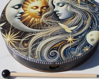 Tambor de la Diosa Sol y Luna / Tambor espiritual de mano arcoíris con mazo suave / Meditación y sanación sonora