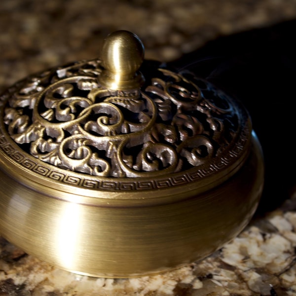 3pcs Golden Brass Incense Burner Set, Golden Lotus Flat Bottom Stove with Cucurbit Insert & Fireproof, Christmas Gift, Gift for Her