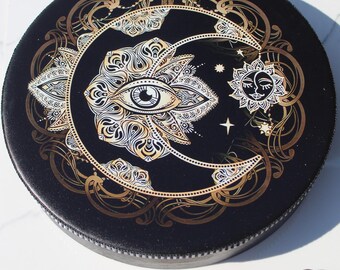 Tambor Luna Celestial con Diseño del Tercer Ojo / Tambor de Meditación / Instrumento de Sanación Sonora / Decoración de Altar Espiritual / Tambor Artístico Luna y Sol