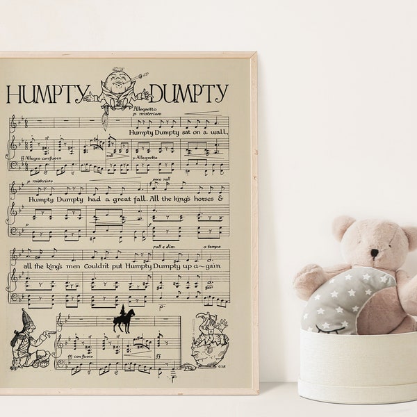 6 INSTANT DOWNLOAD Nursery Rhyme Sheet Music | DIGITAL Illustrated Sheet Music | Nursery Art Prints