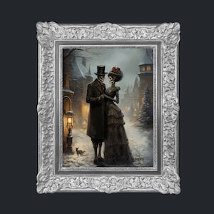 May include: A framed painting of a skeletal couple in Victorian attire, standing in a snowy street scene. The man is wearing a top hat and the woman has a flower in her hair. The painting is set in a silver frame.