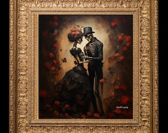 May include: A painting of two skeletons dressed in Victorian clothing, standing in a garden of red roses. The male skeleton is wearing a top hat and the female skeleton is wearing a flower in her hair. The painting is signed "Avril Leong" in the bottom right corner.