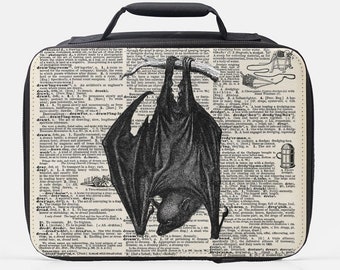 Bat Vintage Lunch Box Insulated, Vampire Bat Lunch Bag, Old Dictionary Page Bag, Goth Lunch Bag, Vintage Lunch Box, Gothic Lunch Bag, Lunch
