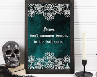 Gothic Bathroom Art Print, Funny Demon Sign, Vintage Style 5x7
