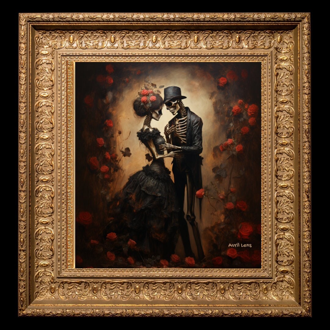Gothic Skeleton Couple Print: Victorian Dark Love, 12x12 Romantic