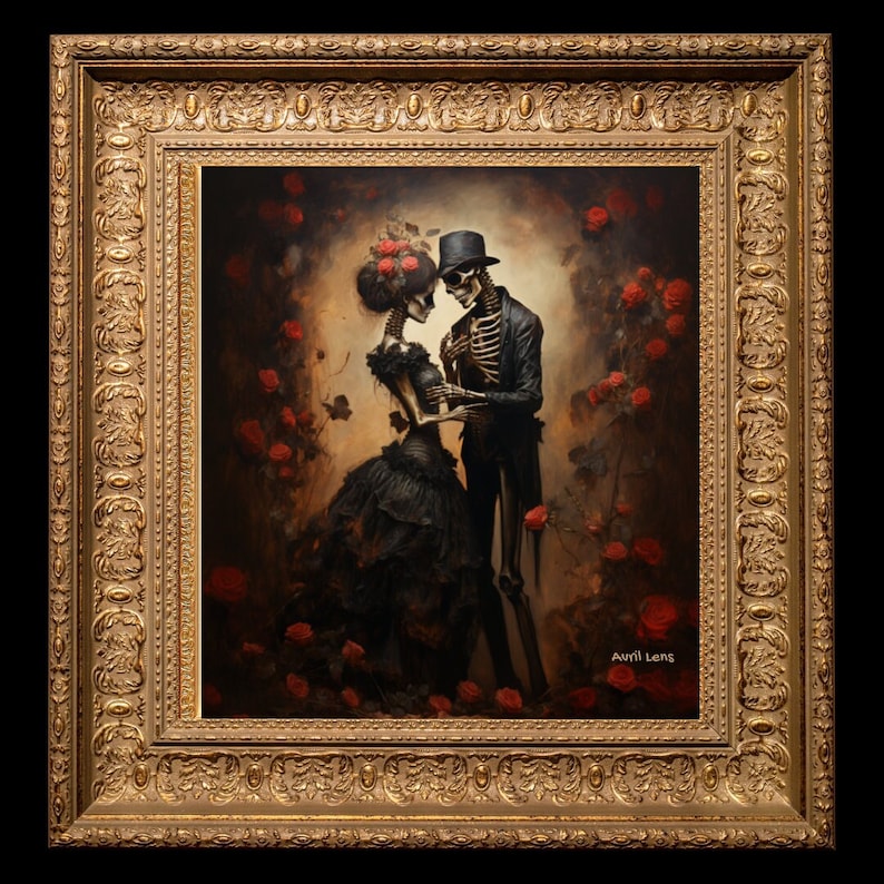 May include: A painting of two skeletons dressed in Victorian clothing, standing in a garden of red roses. The male skeleton is wearing a top hat and the female skeleton is wearing a flower in her hair. The painting is signed "Avril Leong" in the bottom right corner.