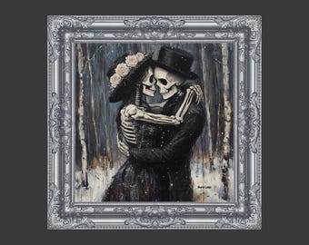 May include: A framed painting depicts two skeletons embracing in a forest setting. One skeleton wears a top hat, the other a hat adorned with roses. The artwork is set against a backdrop of trees and falling snow, framed in silver.