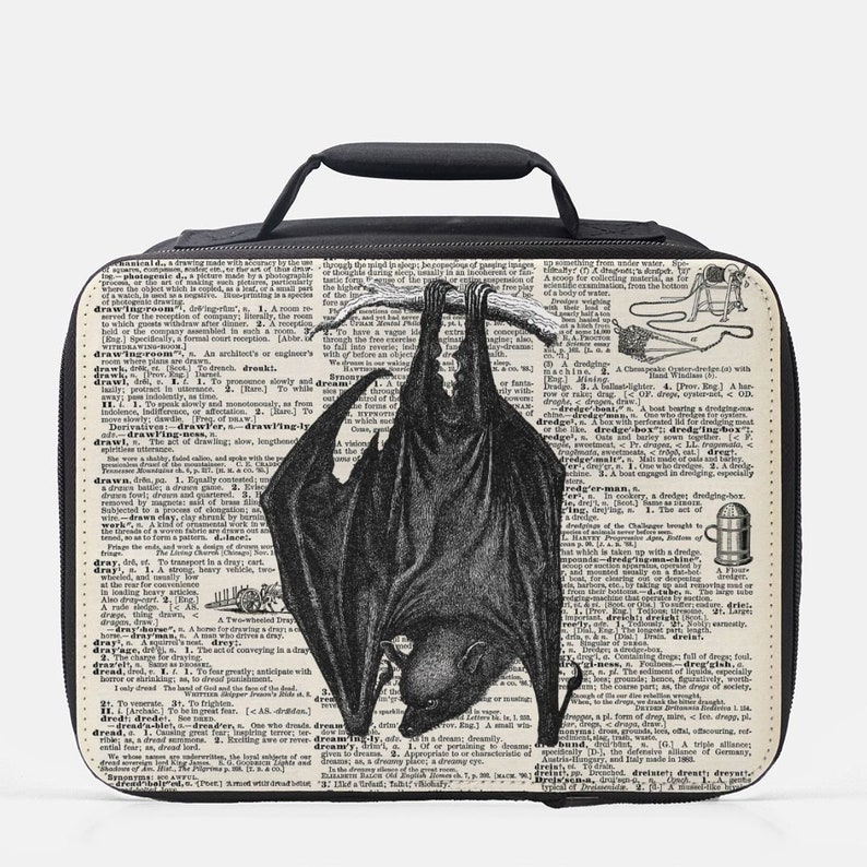 Vintage Bat Lunch Box: Gothic Dictionary Page Insulated Bag image 1