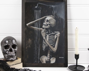 Skeleton in the Shower Print: Gothic Bathroom Decor (11" x 14")