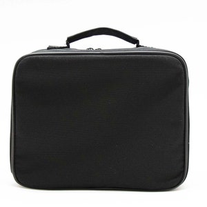 May include: A black zippered carrying case with a handle. The case is made of a soft, textured fabric.