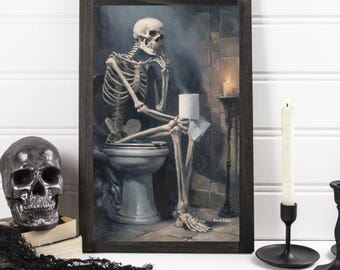 Funny Skeleton Bathroom Print: Goth Toilet Humor Wall Art (11x14