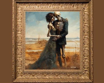 May include: A painting of a skeleton in a suit holding a woman in a blue dress. The background is a landscape with a cloudy sky. The painting is framed in a gold frame.