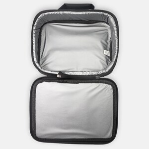 May include: Black insulated lunch bag with a zipper closure and a silver lining. The bag is open and empty.