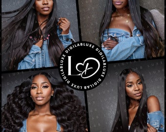 Puede incluir: Cuatro imágenes de mujeres con cabello negro largo que llevan chaquetas vaqueras sobre un fondo gris. Las imágenes están dispuestas en una cuadrícula de cuatro. El logotipo de Digilab Luxe está en el centro de la cuadrícula.
