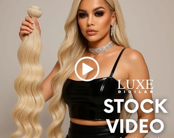 Puede incluir: Un mechón de extensiones de cabello rubio claro y ondulado. El cabello lo sostiene una persona que lleva un top y una falda negros. La imagen tiene el texto "LUXE DIGILAB STOCK VIDEO" y "Perfect for Reels 5 Seconds | 720 px".