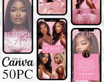 Pink Instagram Story Templates: Hair Extensions, Wig Boutique (50-Piece)