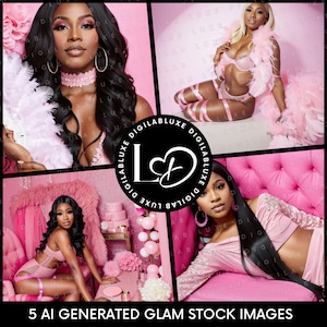 AI Beauty Stock Photo-bundel: Afro-Amerikaanse modellen, roze glamour (10 afbeeldingen)