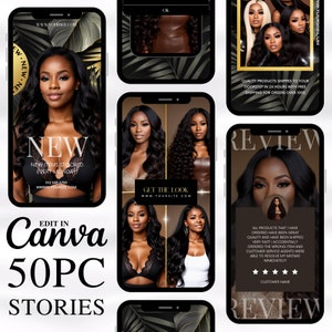 Black and Gold DIY Hair Flyers, Instagram Story Social Media Kit for Extensions for Wig Boutique Store, Beauty Business, E-Commerce
