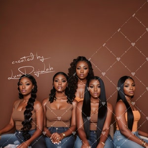 May include: Five women with long, straight black hair are sitting in front of a brown background. They are all wearing tank tops and jeans. The text "created by Luxe Digidab" is written in white on the background.
