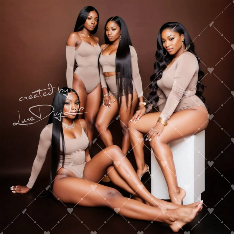 May include: Four women wearing nude-colored bodysuits with long black hair. The women are posing in a studio setting with a brown background. The text "created by Luxe Digidap" is visible in the lower left corner of the image.