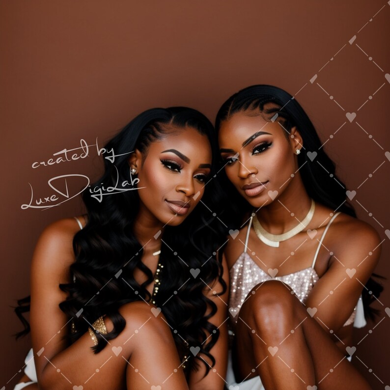 May include: Two women with dark skin and long black hair are sitting close together. They are both wearing makeup and have their hair styled in braids. The woman on the left is wearing a black tank top and the woman on the right is wearing a sparkly gold top. The background is a brown wall.