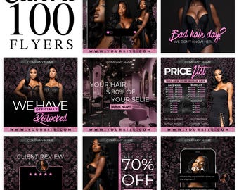 May include: Nine Instagram story templates for a hair salon or hair extension business. The templates feature a black background with pink accents and a damask pattern. The text on the templates includes "Bad hair day? We don't know her.", "We have officially restocked", "Your hair is 90% of your selfie", "Price list", "Client review", "Get up to 70% off", and "Q&A".