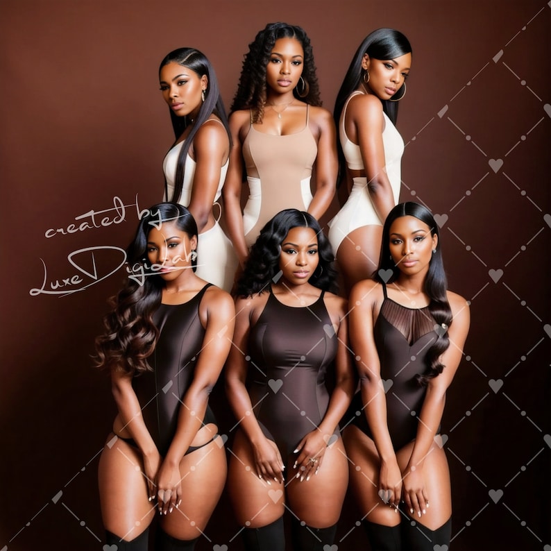 May include: Six women with long, dark hair are wearing black and white body suits. They are standing in front of a brown background. The women are all looking at the camera.