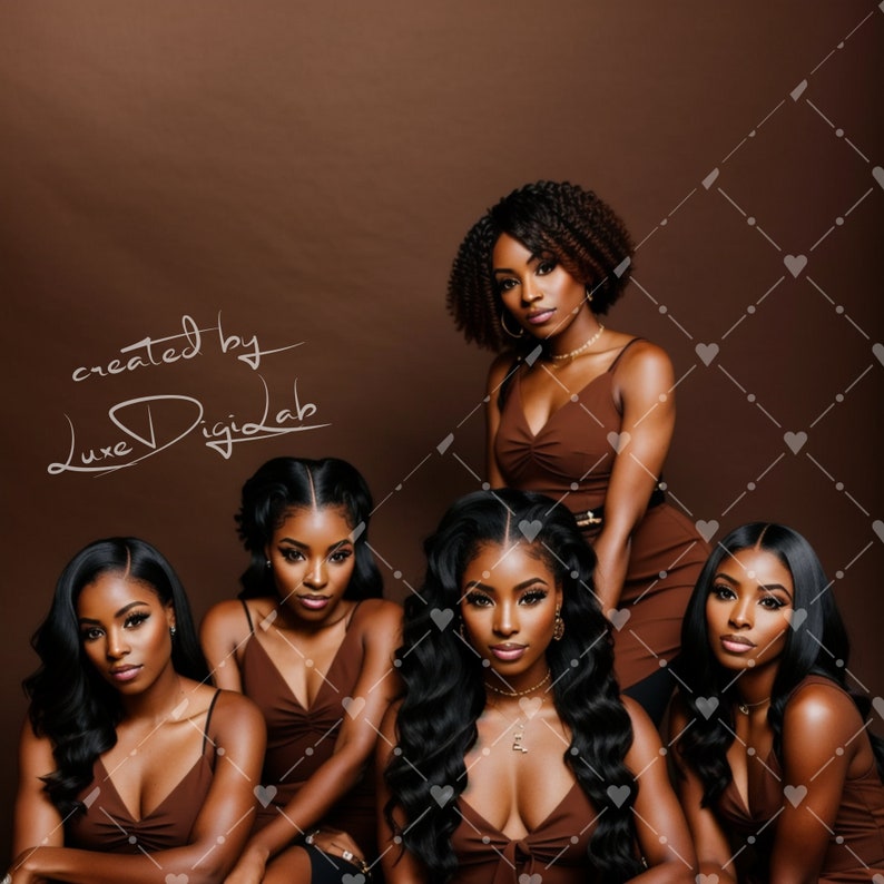 May include: Five women with dark skin and long, curly black hair are wearing brown tank tops. The women are posed in a group, looking at the camera. The background is a brown wall with a white grid pattern.