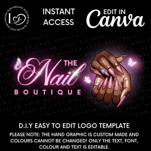 May include: A pink and white logo design for a nail salon called "The Nail Boutique". The logo features a pair of hands with pink and glittery nails, a butterfly, and the text "The Nail Boutique".
