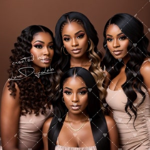 May include: Three women with long, dark hair styled in different ways. They are wearing similar nude-colored dresses and have on makeup. The text "created by Luxe Digidab" is written in white on the left side of the image.