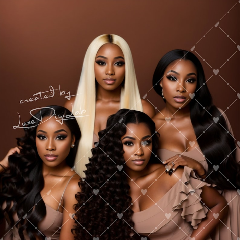 May include: Four women with different hairstyles, wearing brown dresses, looking at the camera. The women have long, straight, wavy, and curly hair. The background is a brown wall.