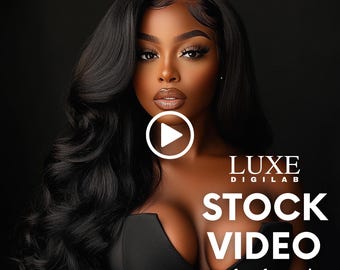 Puede incluir: Retrato de estudio de una mujer con cabello negro largo y ondulado y maquillaje completo. La imagen incluye el texto "LUXE DIGILAB STOCK VIDEO" y "Perfect for Reels 10 Seconds | 720 px".