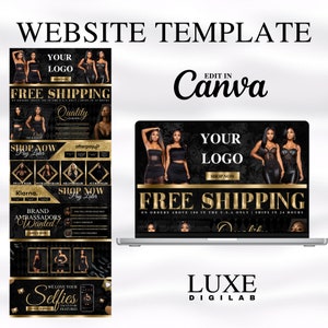 May include: Website template for an online store selling hair extensions. The template features a black and gold color scheme with images of models wearing hair extensions. The text "Free Shipping" is prominently displayed on the template. The template is editable in Canva.