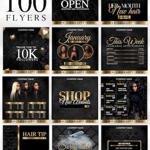 Op de afbeelding: Een verzameling van 100 digitale flyertemplates voor Canva, met zwarte achtergronden en gouden accenten en tekst. De ontwerpen bevatten promotionele afbeeldingen voor kappersdiensten, afsprakenplanning, winkelupdates en vakantiemeldingen.