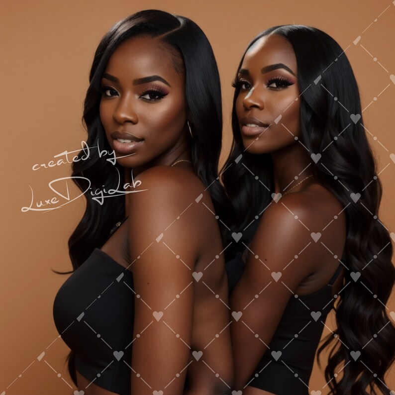 May include: Two women with long, dark, wavy hair are posing together. They are both wearing black tank tops. The background is a light brown color.
