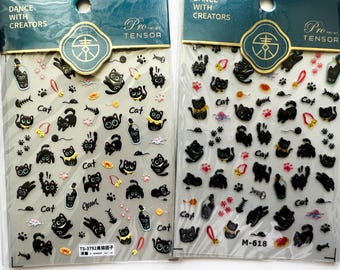 5D nail stickers, black cat stickers, kitty paws nail stickers, cute cat nails, diy nails