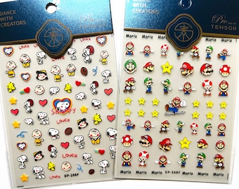 May include: Two sheets of stickers featuring cartoon characters. The left sheet features Snoopy and Woodstock, with the text "Snoopy Lover" and "Lover DP-296F". The right sheet features Mario and Luigi, with the text "Mario Mario Mario DP-068F Mario Mario Mario".