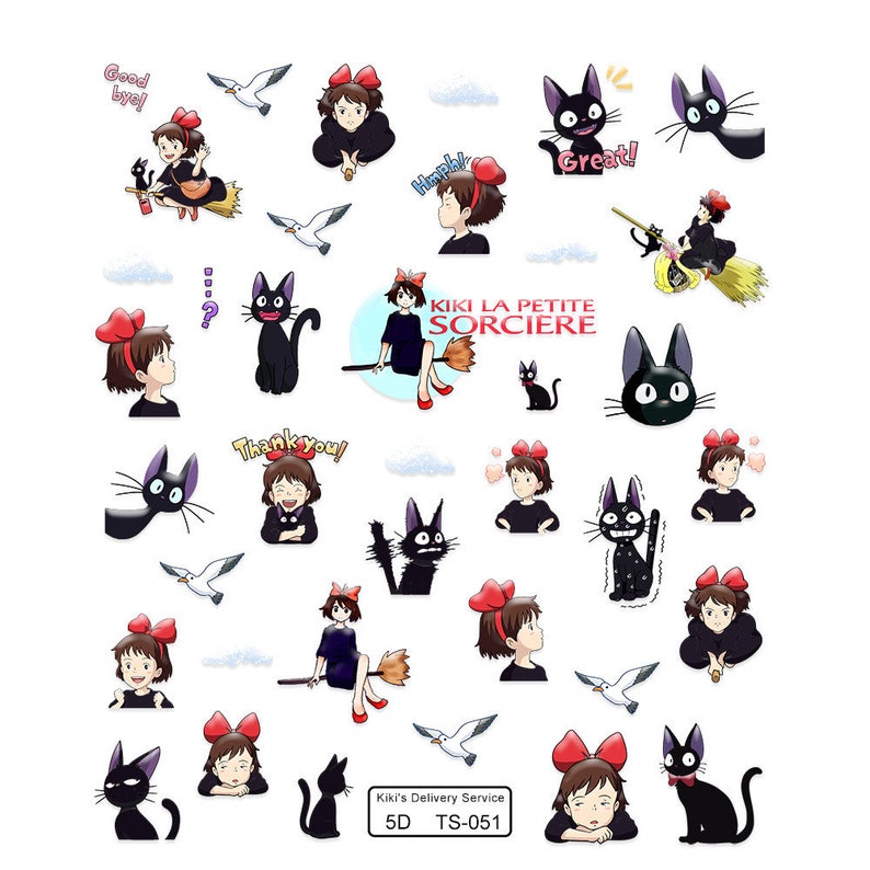 May include: A set of 24 stickers featuring Kiki and Jiji from the animated film Kiki's Delivery Service. The stickers feature various poses of Kiki and Jiji, including Kiki flying on her broomstick, Jiji sitting on a branch, and Kiki and Jiji looking at each other. The stickers are printed on high-quality vinyl and are perfect for decorating laptops, water bottles, notebooks, and more.