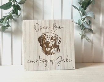 Custom Drinks on Me Dog Wedding Sign Wooden Open Bar Sign Pet Signature Drink Menu Drinks on Us Pet Portrait Dog of Honor Modern Bar Decor