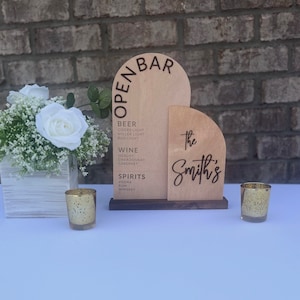Customizable Wooden Open Bar Wedding Sign Drinks on Us Arched Engraved Wedding Bar Menu Signature Drinks and Cocktails Modern Wedding Decor