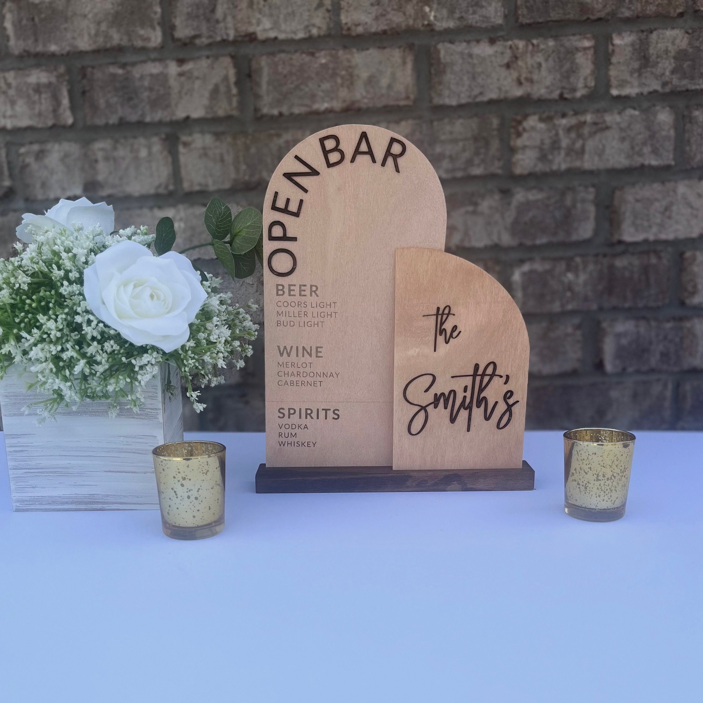 Customizable Wooden Open Bar Wedding Sign Drinks on Us Arched Engraved Wedding Bar Menu Signature Drinks and Cocktails Modern Wedding Decor